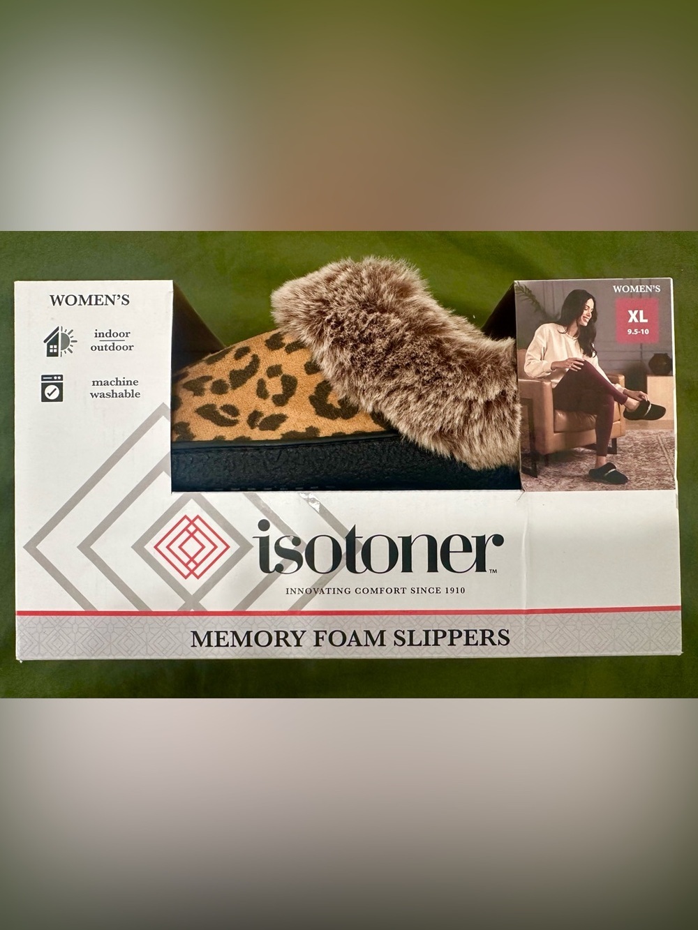 isotoner Leopard Print Slippers with Brown Faux Fur Collar Size XL 🤎